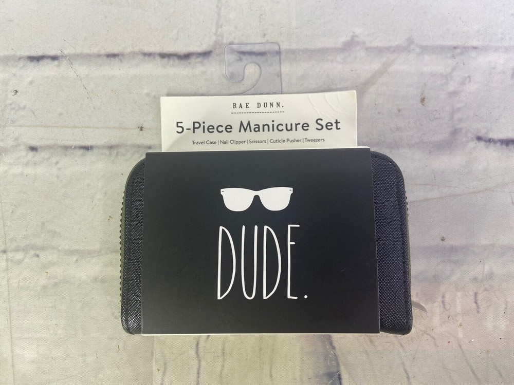 Rae Dunn DUDE Mens 5 Piece Manicure Set With Zippered Case Black Green NEW